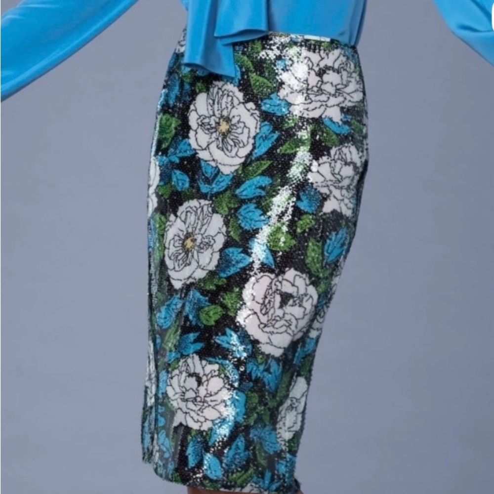 Diane Von Furstenberg Blue, Green & White Sequin Floral Pencil Skirt